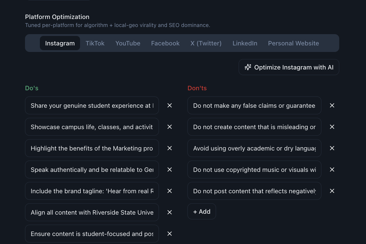 Platform Optimization editor showing per-platform Do's and Don'ts for Instagram