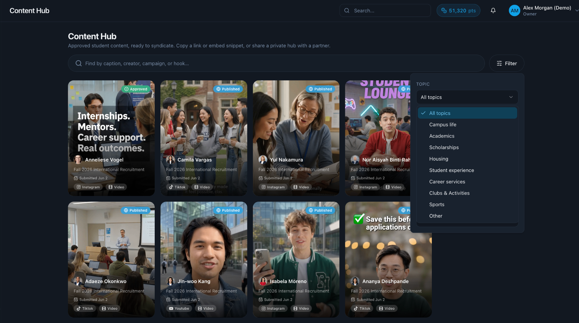 Content Hub dashboard showing approved student videos filterable by topic