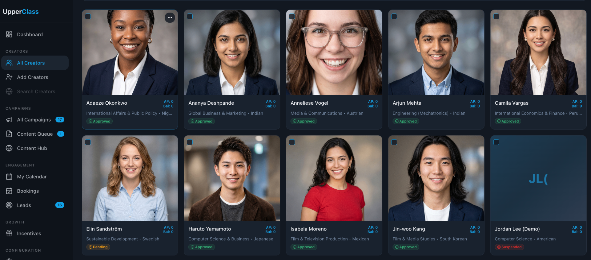 All Creators grid showing approved student creators with programs, nationality, points, and status