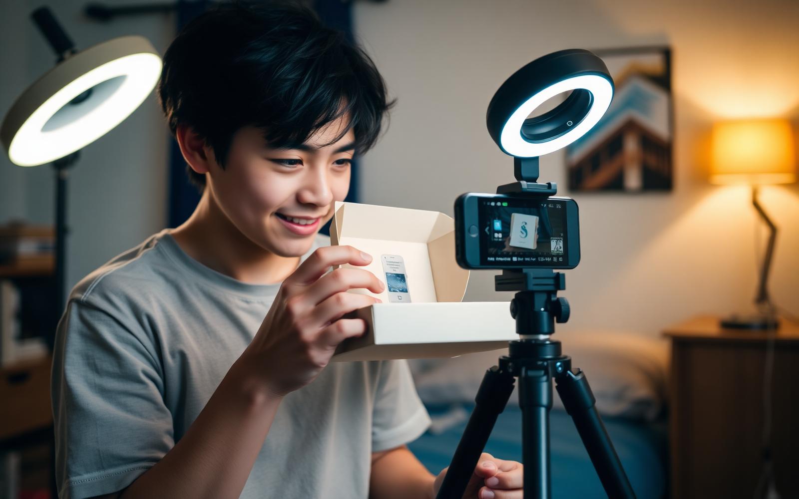 Student creator filming branded content with ring light in dorm setup