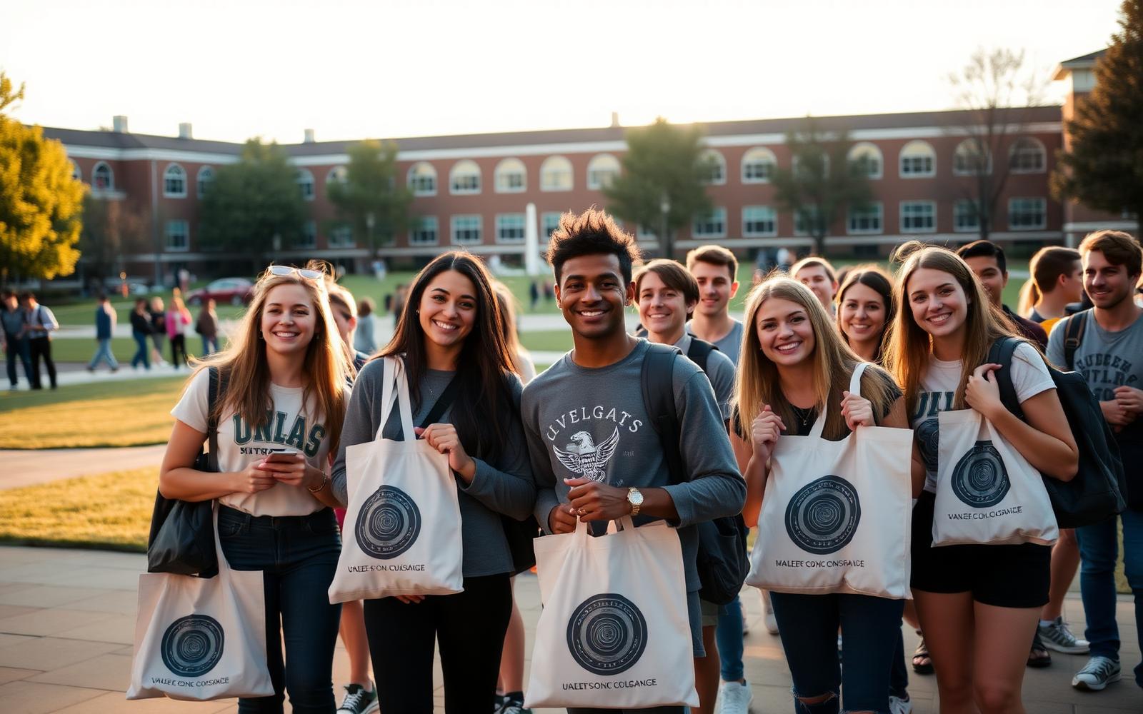 College students holding branded tote bags on campus during an ambassador event