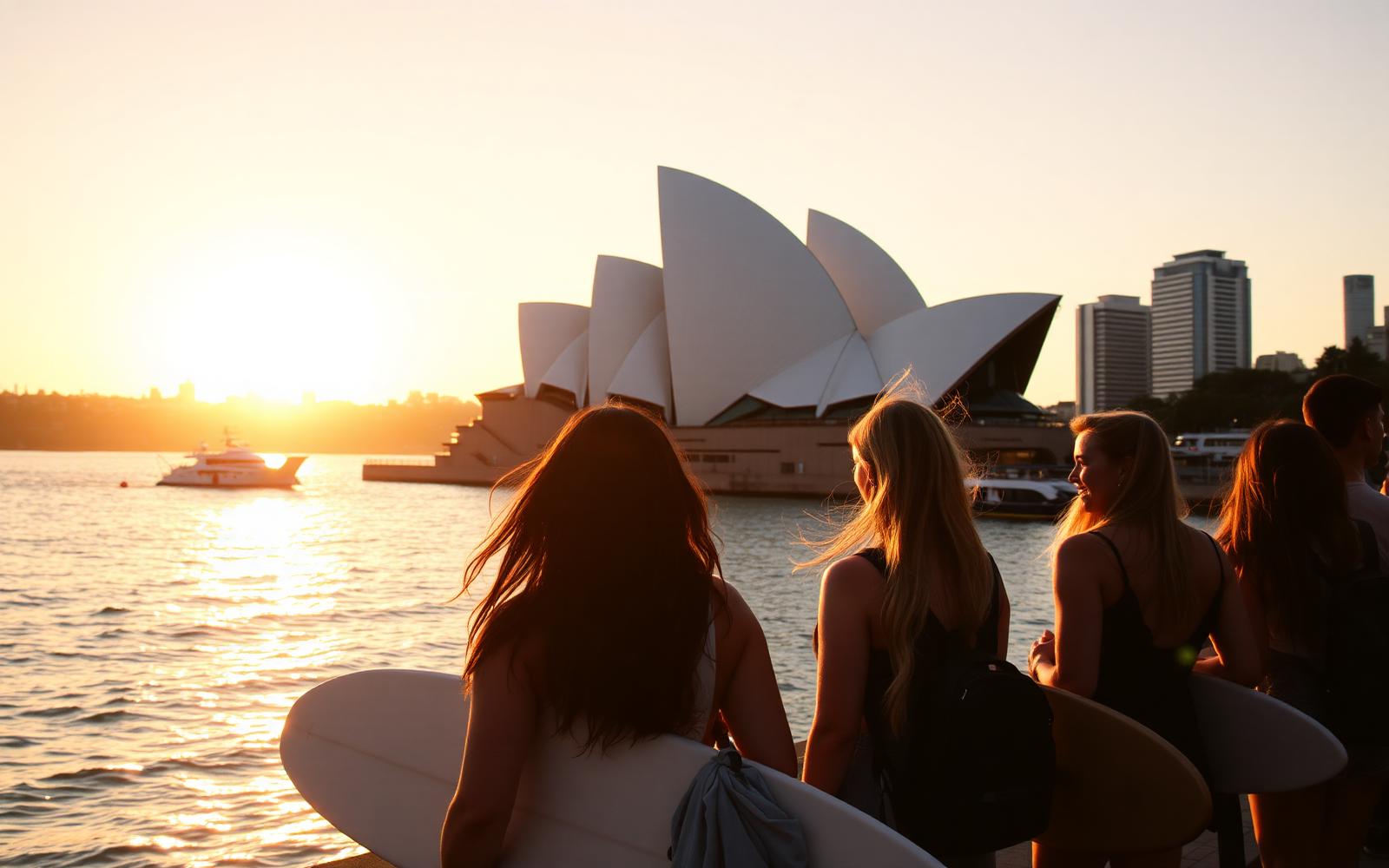 Sydney harbour at sunset with Australian university students and surf culture
