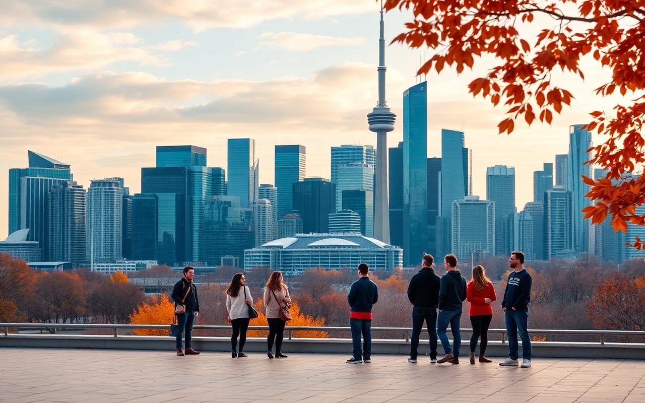 Toronto skyline with Canadian university students in autumn