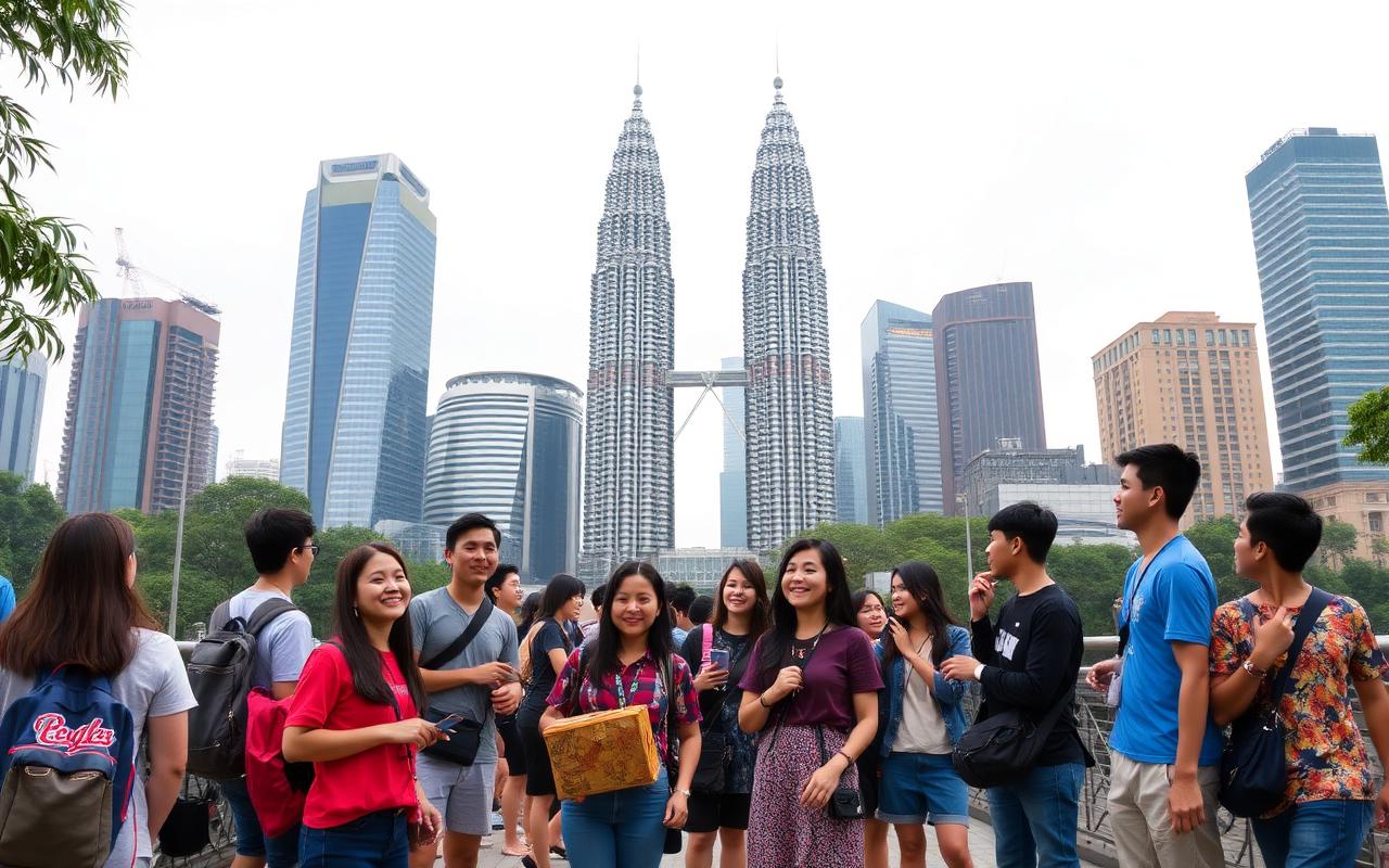 Kuala Lumpur Petronas Towers backdrop with diverse Malaysian students