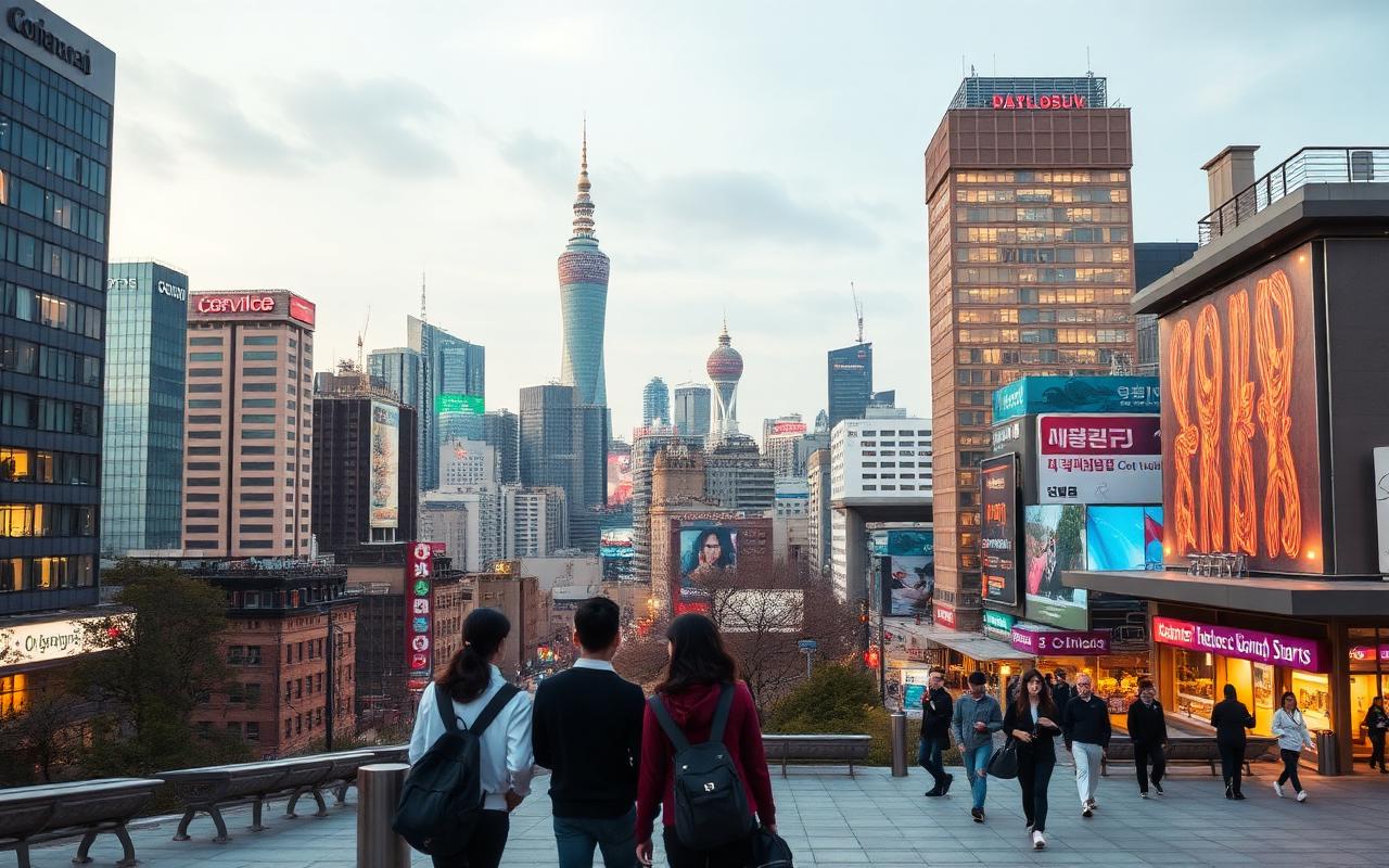Seoul cityscape blending K-pop culture, tech and student life