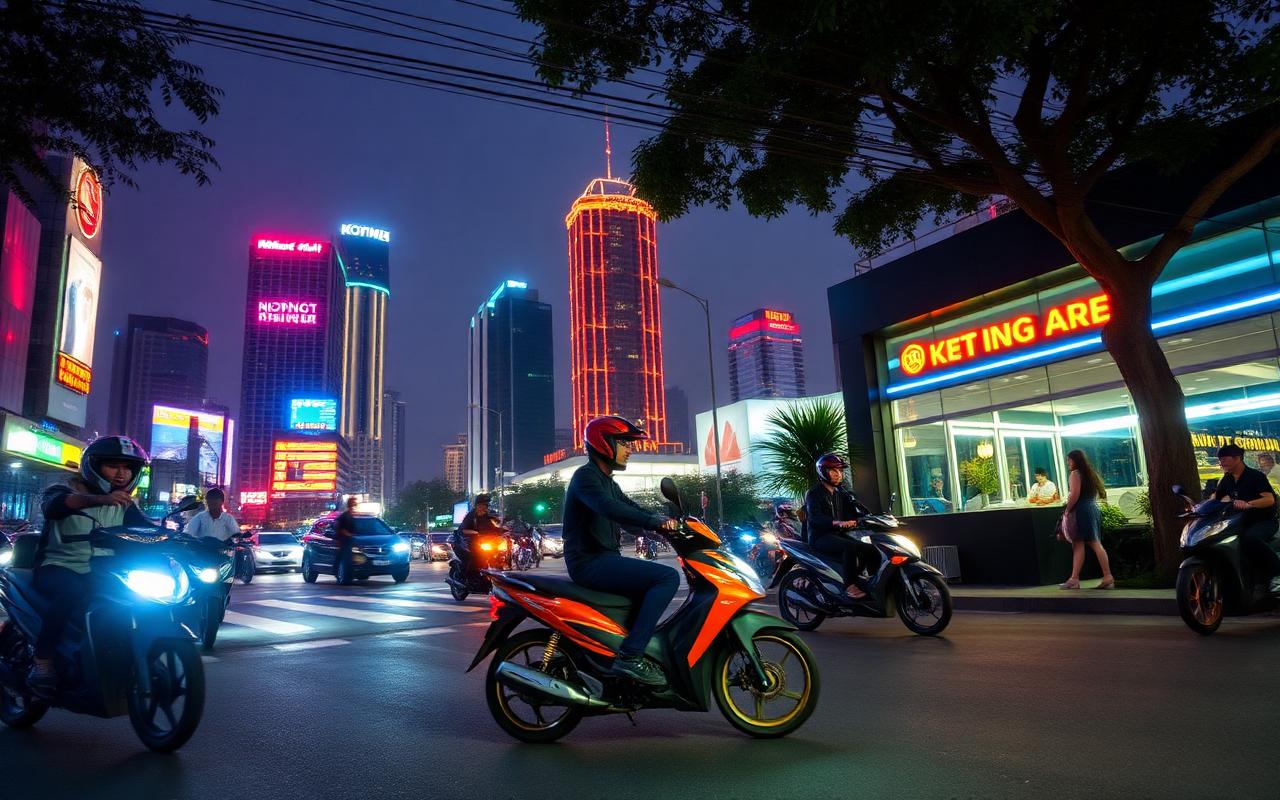 Vietnam city night with motorbikes, neon and Gen Z creator energy