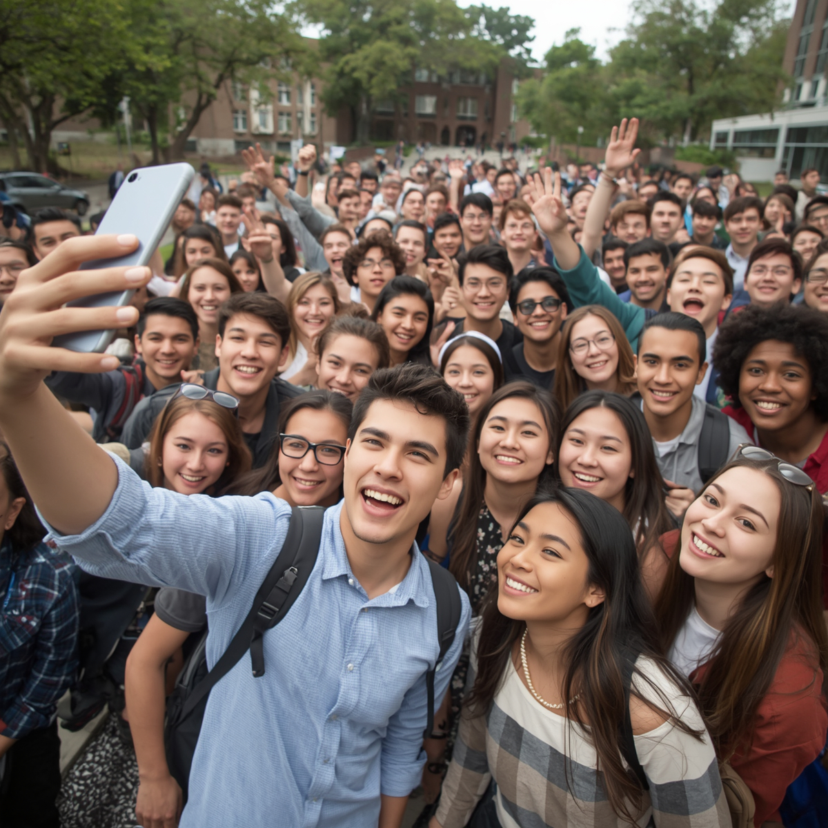 A large diverse group of college students on campus taking a group selfie