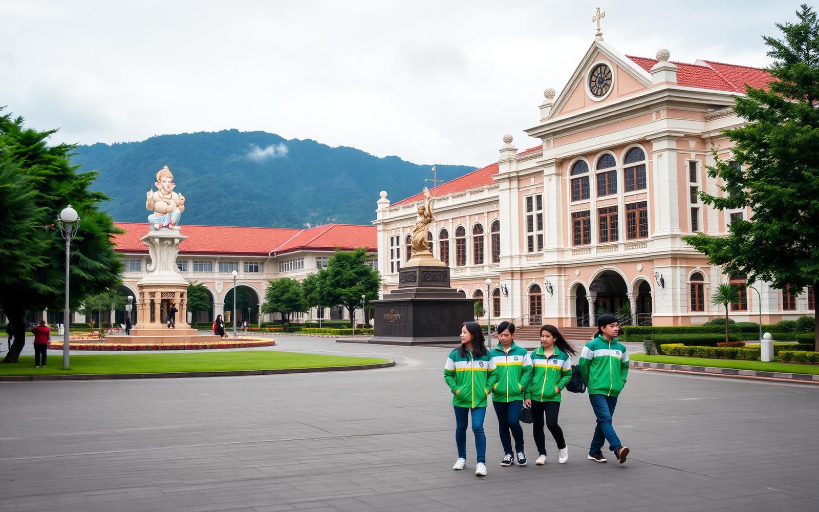 Institut Teknologi Bandung Boulevard with Ganesha statue and historic Aula Barat