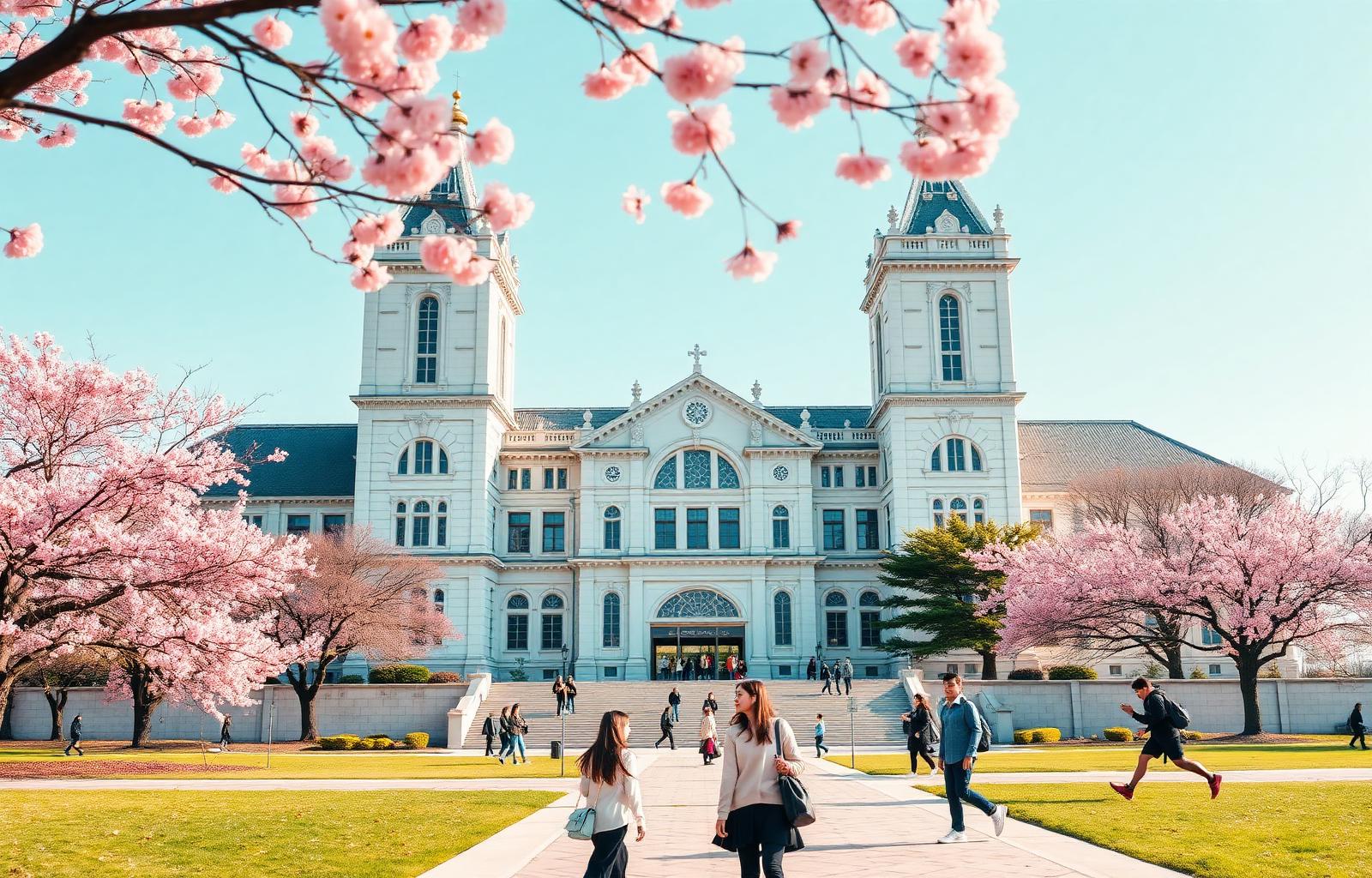 Kyung Hee University Grand Peace Palace with cherry blossoms in spring