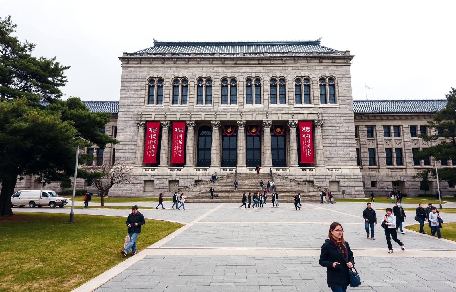 Korea University gothic Central Library and crimson banners in Anam-dong, Seoul