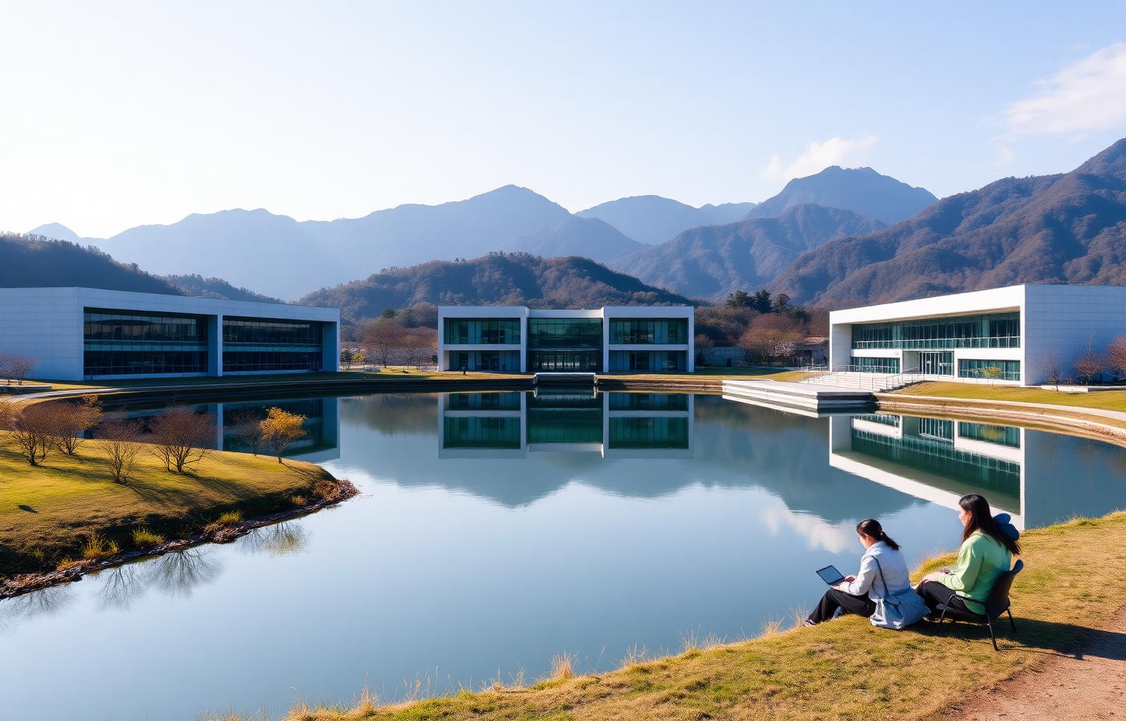 UNIST modern research campus reflecting in Gamakmot Pond, Ulsan