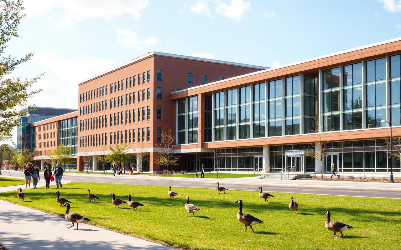 University of Waterloo engineering buildings along Ring Road with the famous campus geese